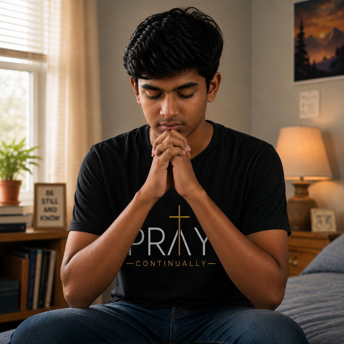 Pray Continually Christian T-Shirt — Inspirational Faith Tee with Cross Design