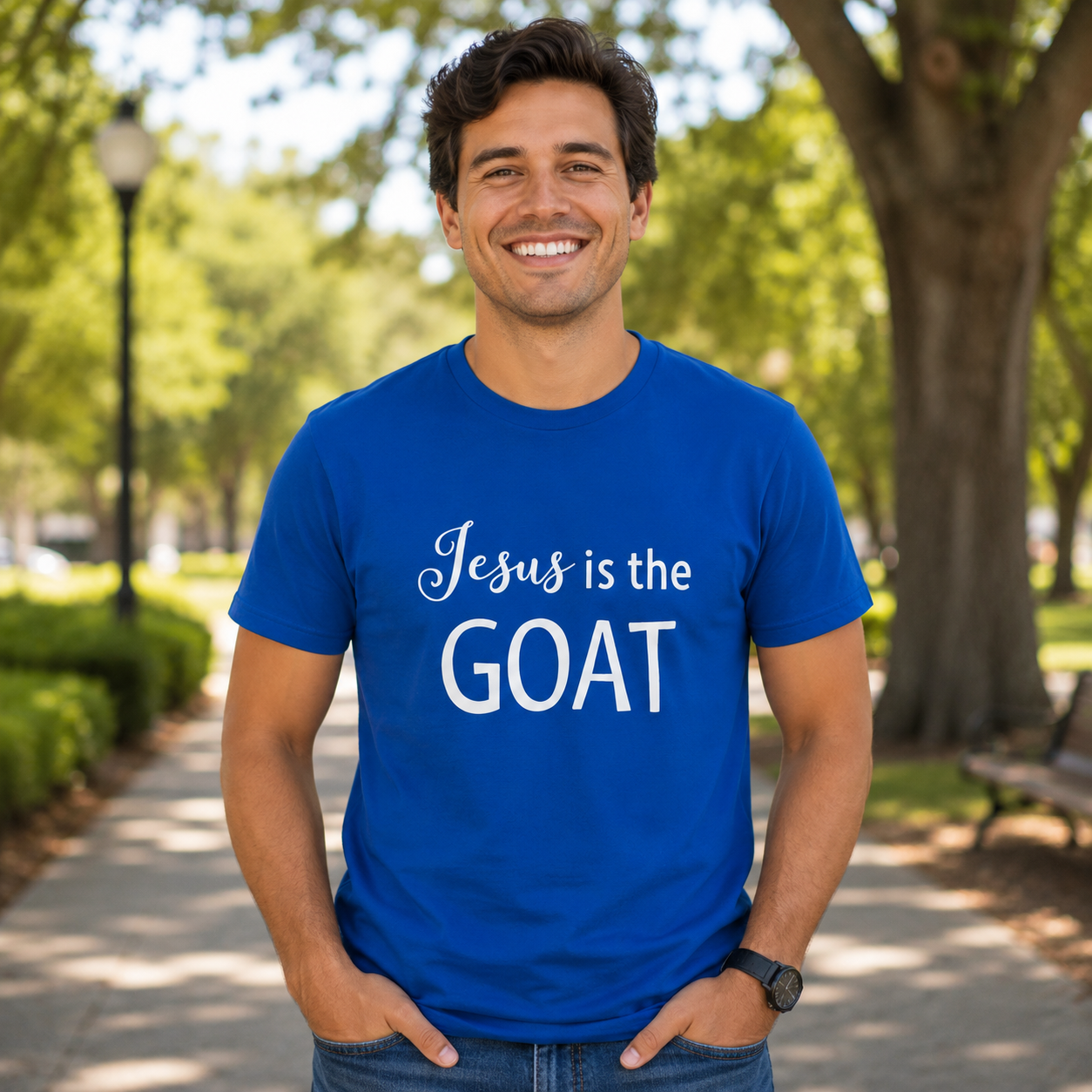 Classic White T-Shirt, "Jesus Is The Goat"