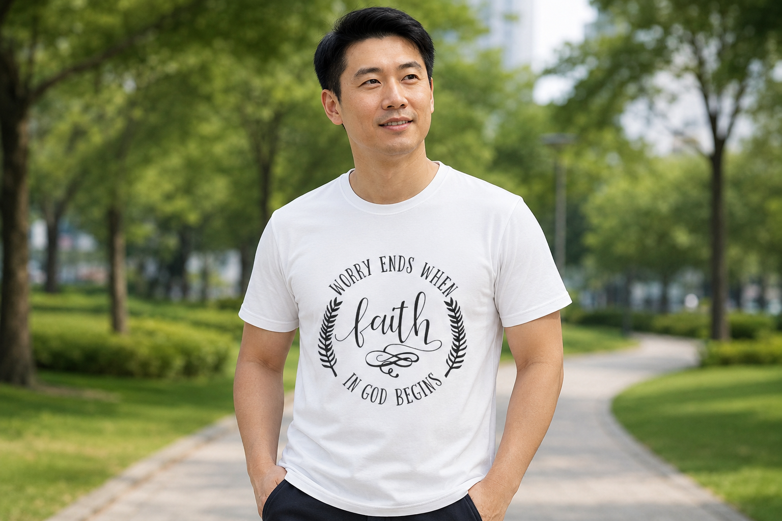 Faith Christian T-Shirt — "Worry Ends When Faith in God Begins" Inspirational Tee