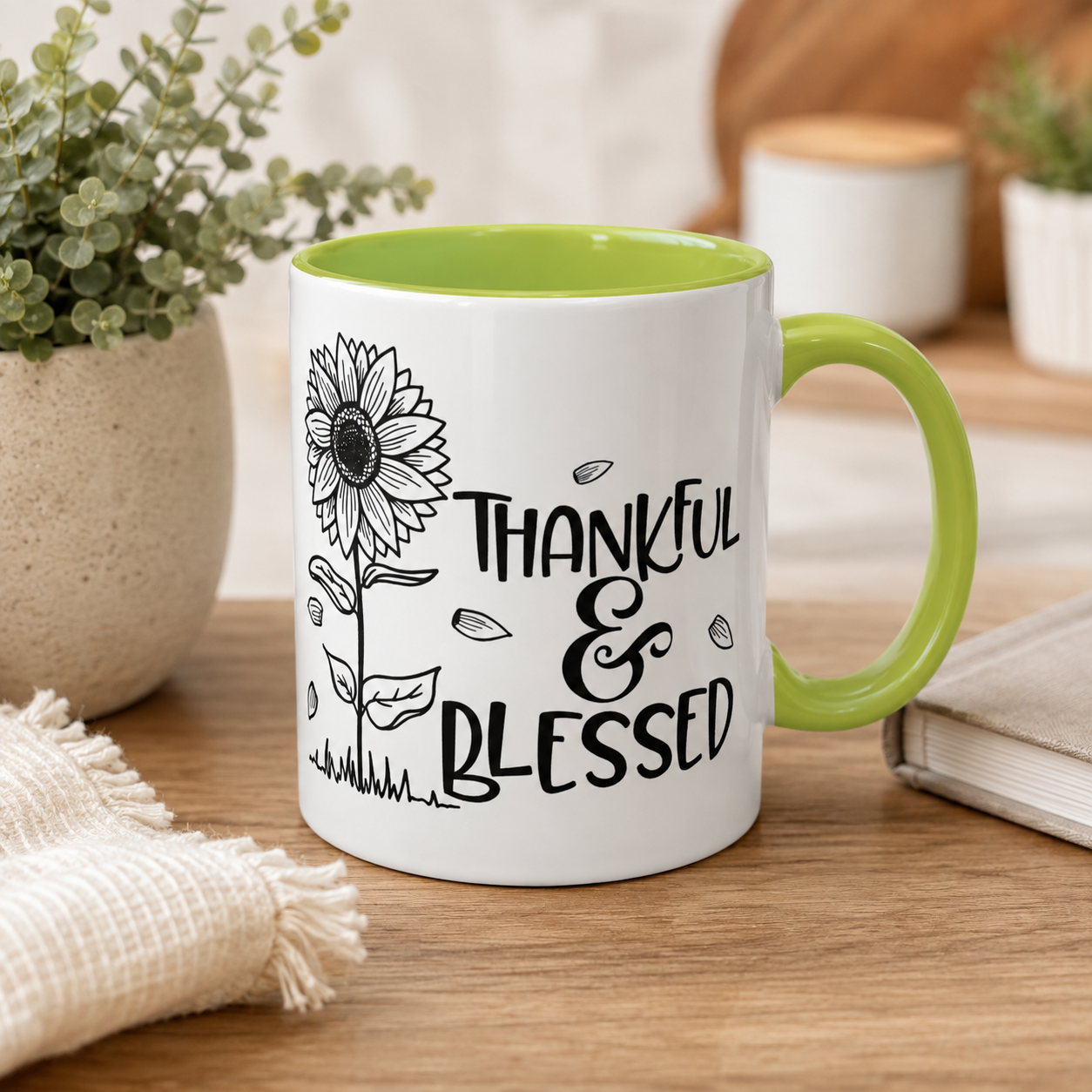 Thankful & Blessed Sunflower Accent Coffee Mug